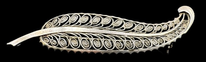 Antique European 835 Silver Filigree Feather Brooch