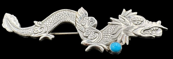 Unusual Vintage Sterling Silver & Turquoise Dragon Brooch