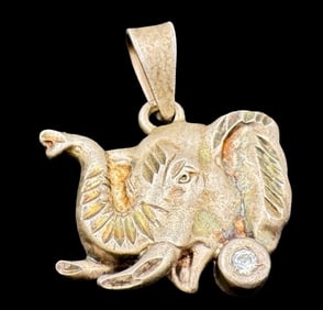 Vintage Sterling Silver & Clear Gemstone Elephant Head Pendant Charm