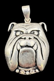 Vintage Sterling Silver & Clear Gemstone Bulldog Head Pendant Charm