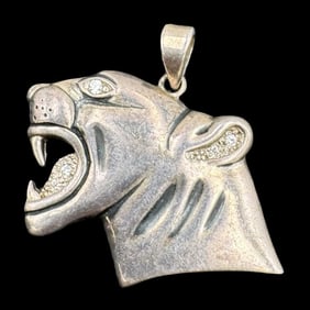 Vintage Sterling Silver & Clear Gemstone Panther Head Pendant Charm
