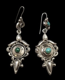 Pair of Antique Sterling Silver & Turquoise Dangle Earrings