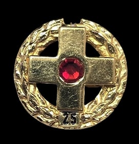 Vintage Gilt Sterling Silver & Red Rhinestone Cross Pin - Red Cross Anniversary