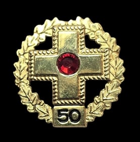 Vintage Gilt Sterling Silver & Red Rhinestone Cross Pin - Red Cross Anniversary