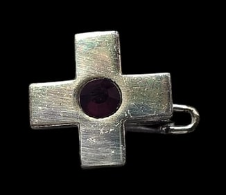 Vintage Sterling Silver & Red Gemstone Cross Pin - Red Cross Anniversary