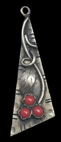 Unusual Vintage Triangular Sterling Silver & Red Gemstone Pendant