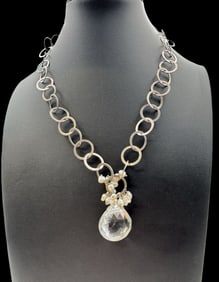 Stunning Vintage Sterling Silver, Pearl & Crystal Pendant Necklace
