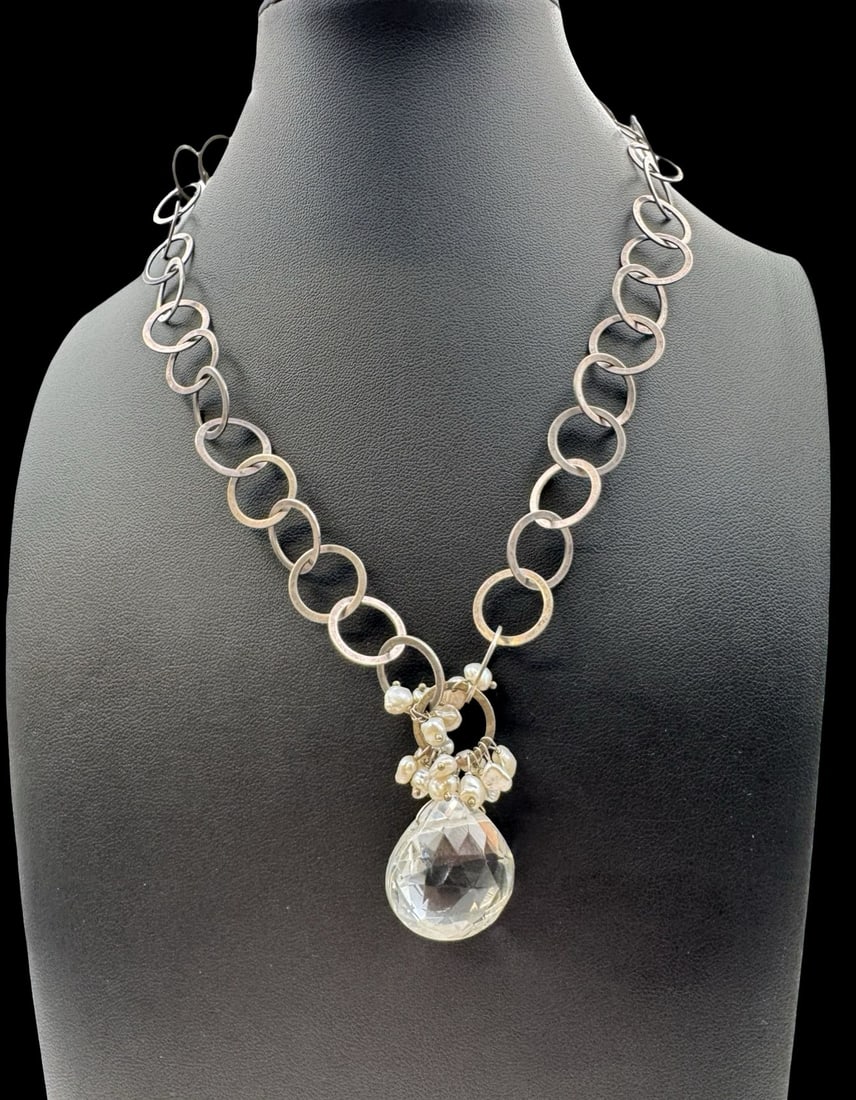 Stunning Vintage Sterling Silver, Pearl & Crystal Pendant Necklace (1 of 5)
