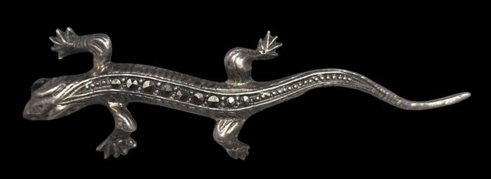 Unusual Vintage European 835 Silver & Gemstone Lizard Brooch Pin
