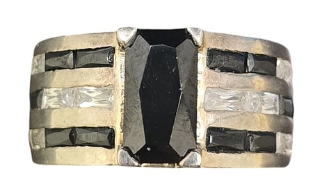 Massive Vintage Sterling Silver & Black and Clear Gemstone Ring