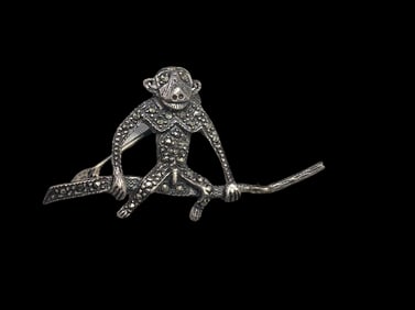 Charming Vintage Sterling Silver & Marcasite Monkey Brooch