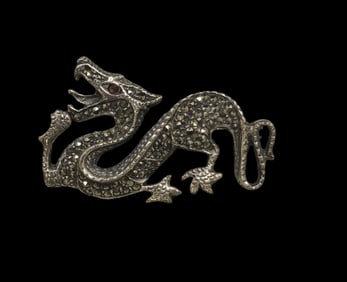 Unusual Vintage Sterling Silver & Gemstone Dragon Brooch Pin