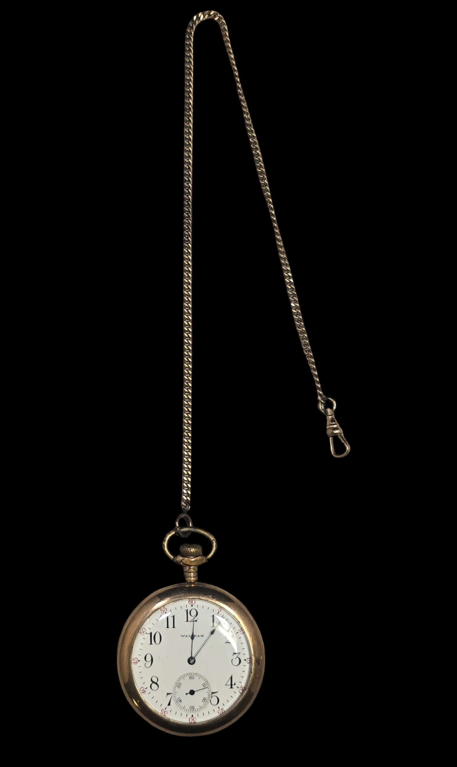 Vintage WALTHAM Gold Tone Metal Pocket Watch /w Chain (1 of 8)