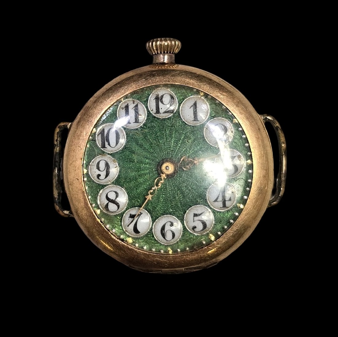 Antique Wrist Watch /w Guilloche Enamel Dial: Very good vintage condition with minor patina and wear according to age. Measures approx. 1" in diameter and weighs ca. 14.5 grams. SHIPPING: We ship in-house and charge a flat fee of $12 for any orde