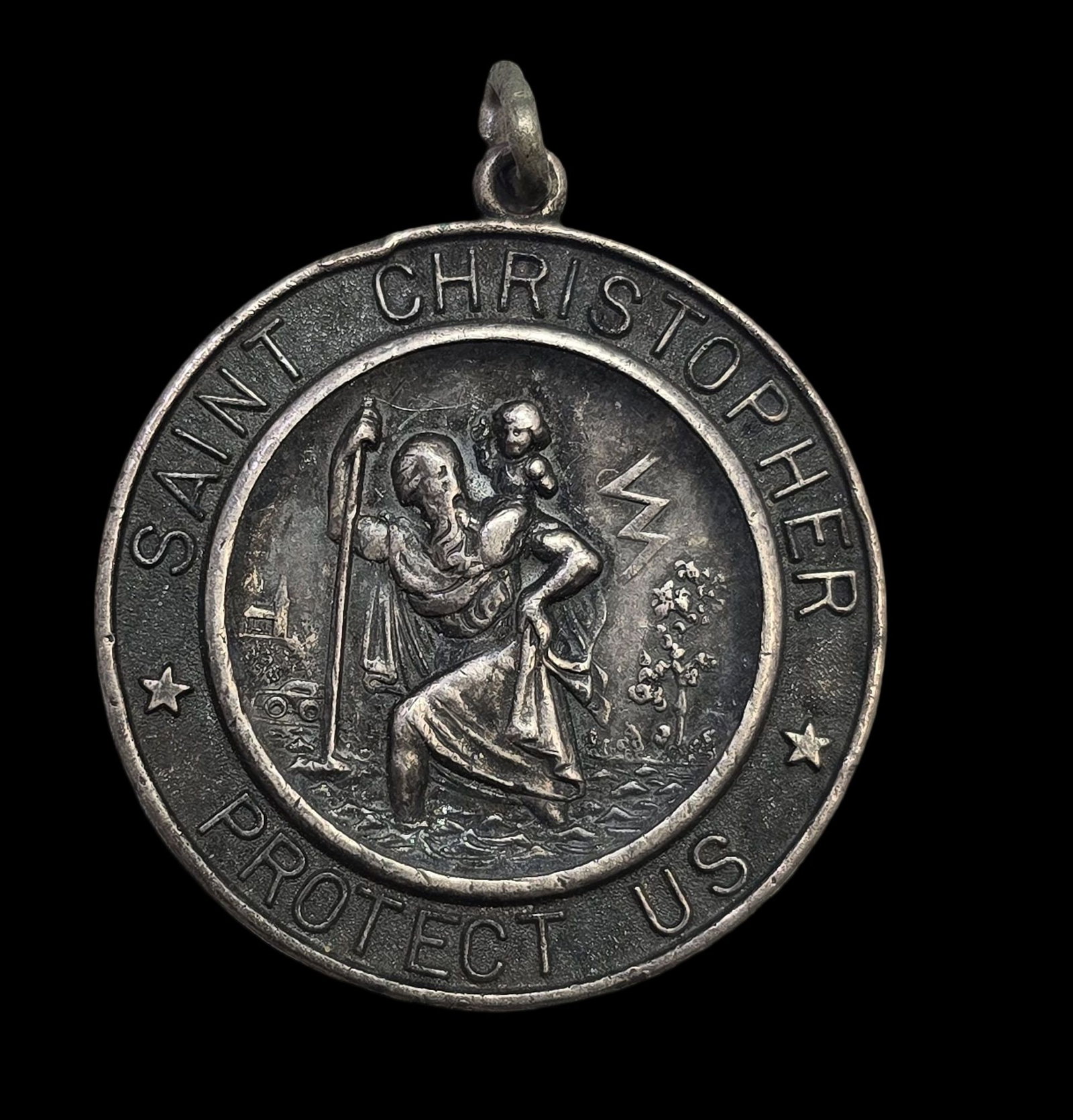 Vintage Sterling Silver Saint Christopher Religious Pendant: Very good vintage condition with minor patina and wear according to age. Measures approx. 1 1/2" in diameter and weighs ca. 10 grams. Marked. SHIPPING: We ship in-house and charge a flat fee of $12 fo