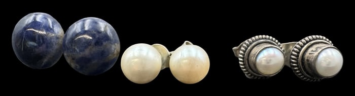 Set Of 3 Charming Sterling Silver, Pearl & Blue Gemstone Earrings