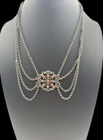 Beautiful Vintage Traditional Alpine European 835 Silver & Coral Pendant Necklace