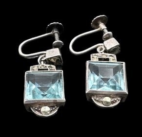 Beautiful 1930s German Sterling Silver & Blue Gemstones Dangling Earrings
