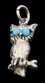 Unusual Vintage PIPIS Sterling Silver & Turquoise Enamel Owl Pendant Charm
