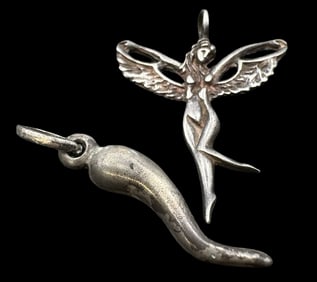 Lot of 2 Vintage Sterling Silver Angel & Italian Horn Pendant Charms