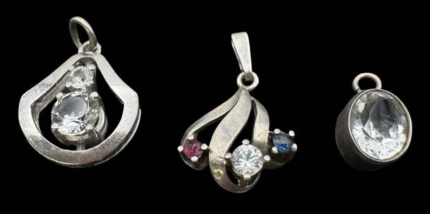 Lot of 3 Charming Vintage Sterling Silver & Gemstone Pendants: Very good vintage condition with minor patina according to age. The largest piece measures approx. 3/4" long x 1/2" wide and they jointly weigh ca. 3 grams. Marked for Sterling Silver and signed. SHIP