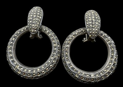 Beautiful Large Vintage Sterling Silver & Marcasite Earrings