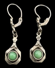 Charming Vintage European 800 Silver & Greem Gemstone Earrings