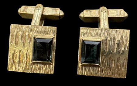 Vintage Mid-Century Gilt Metal & Dark Green Gemstone Cufflinks