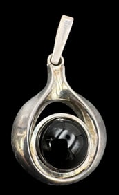 Vintage Mid-Century European 835 Silver & Black Gemstone Pendant