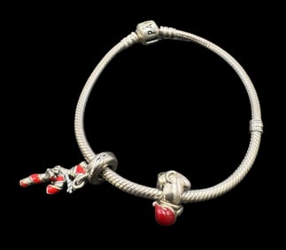 Vintage PANDORA Sterling Silver Cable Bracelet /w 2 Christmas Charms