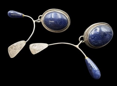 Very Unusual Vintage Sterling Silver & Blue Gemstone Earrings