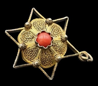 Vintage Gilt European 800 Silver & Red Gemstone Filigree Pendant