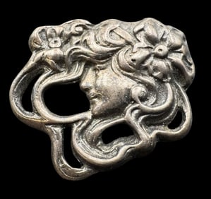 Beautiful Art Nouveau Style Sterling Silver Lady Head Brooch