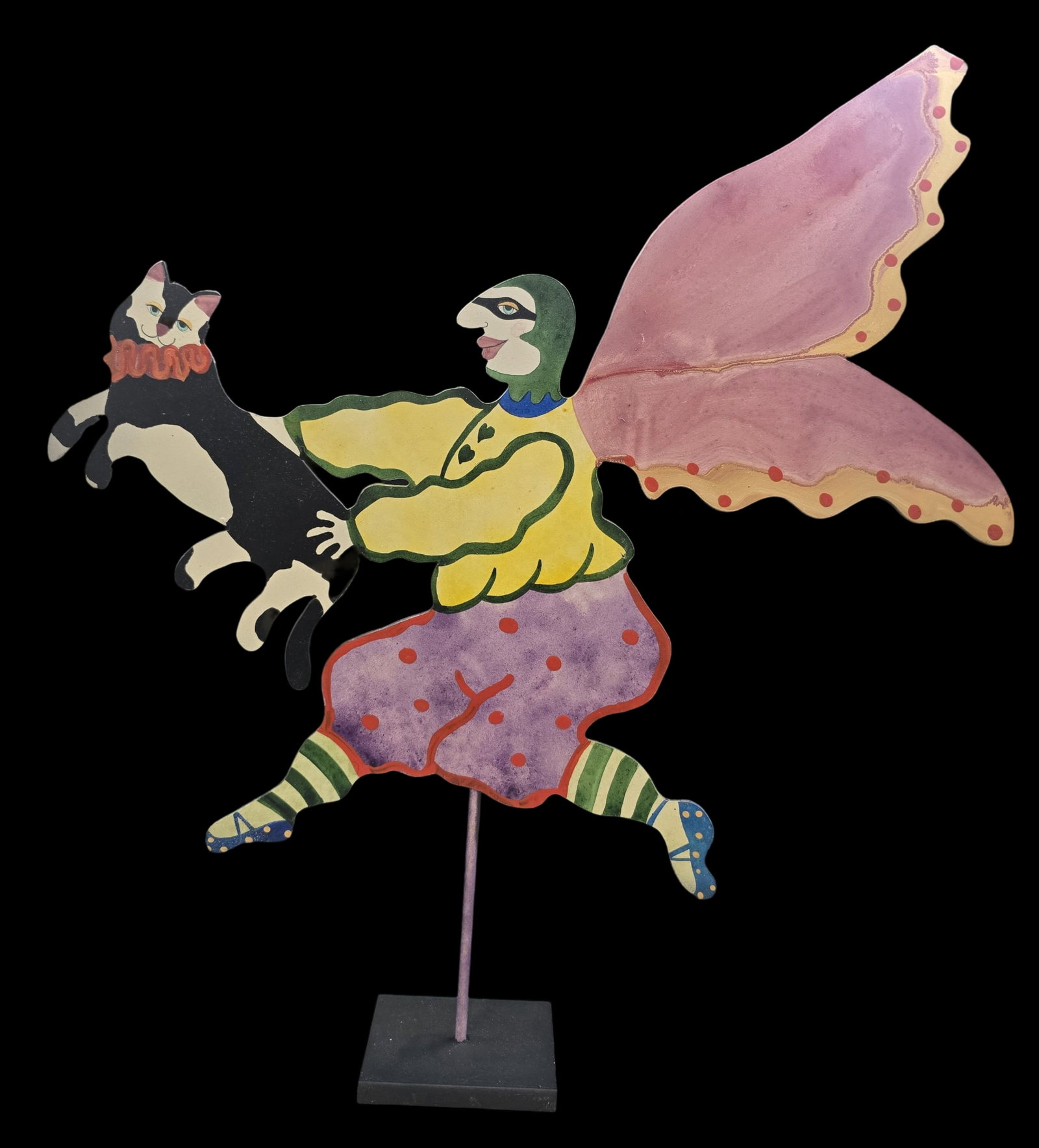 Vintage JUDIE BOMBERGER Handpainted Cut Steel Sculpture "Adopting Oreo": This whimsical metal sculpture, titled "Adopting Oreo," is the work of American artist Judie Bomberger. Bomberger is known for her playful and expressive metal sculptures, often featuring characters f