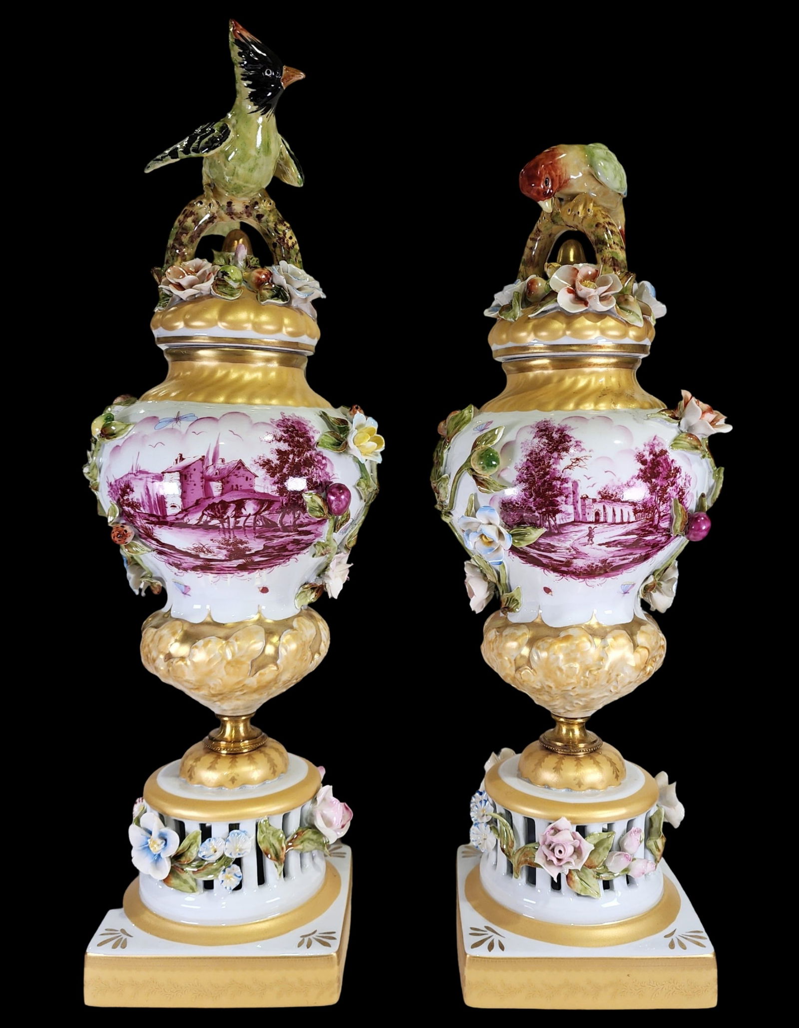 Rare Pair of Vintage MANGANI Italy Lidded Capodimonte Vases: Very special pair of hand painted gilt covered jars on pedestal bases. Bird capped baskets adorn tops. Finely detailed hand painted scenes with flowers in relief decorate body. Gilt accents at top, pe