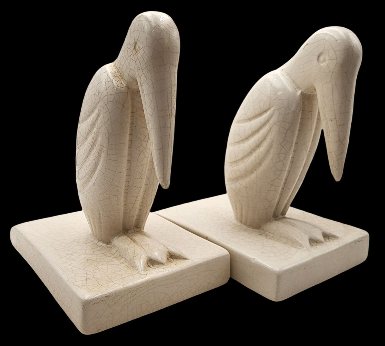 Art Deco BOCH LA LOUVIÈRE France Craquelé Enamel Ceramic Pelican Bookends (1 of 15)