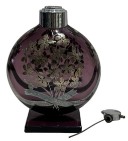 Antique Silver Overlay Purple Art Glass Perfume Atomizer Bottle /w Glass Base