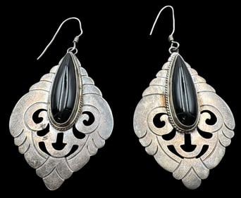 Large & Ornate Vintage Sterling Silver & Onyx Dangle Earrings