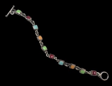 Vintage Sterling Silver & Multicolor Gemstone / Enamel Bracelet