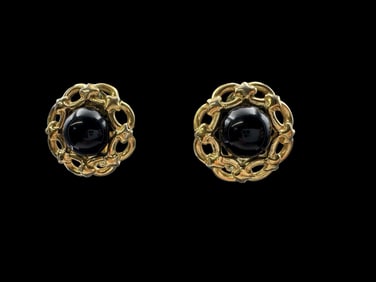 Rare Vintage ST. JOHN Goldtone Metal & Black Gemstone Costume Jewelry Earrings
