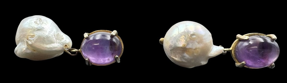 Vintage Freshwater Pearl & Amethyst Costume Jewelry Earrings: Very good vintage condition with minor patina according to age. Each measures approx. 1 1/4" long x 1/2" wide.