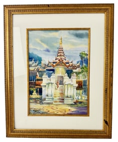 Vintage 1990s Watercolor Painting of the Wat Thaton Temple in Thailand
