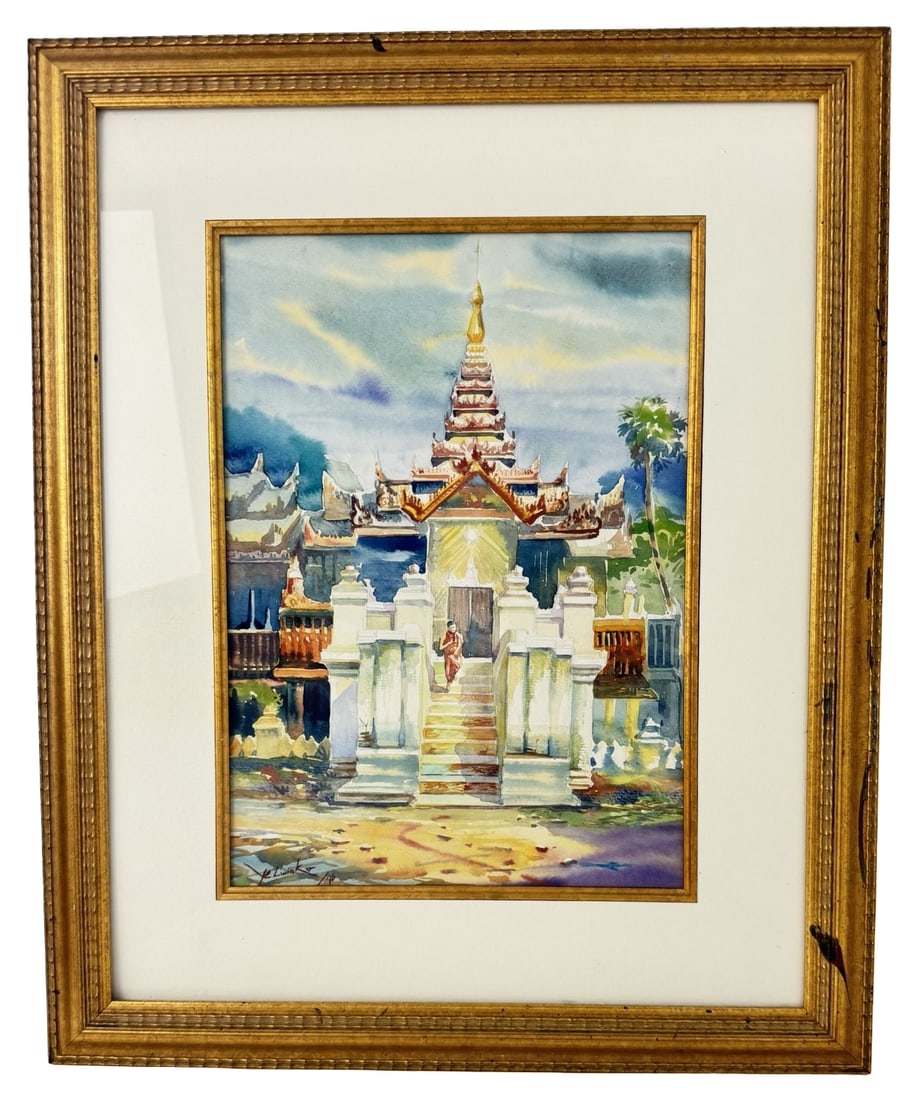 Vintage 1990s Watercolor Painting of the Wat Thaton Temple in Thailand: Beautiful use of color and light depicting the peaceful scene of a person coming down the stairs of the famous temple. Very good vintage condition; framed.
