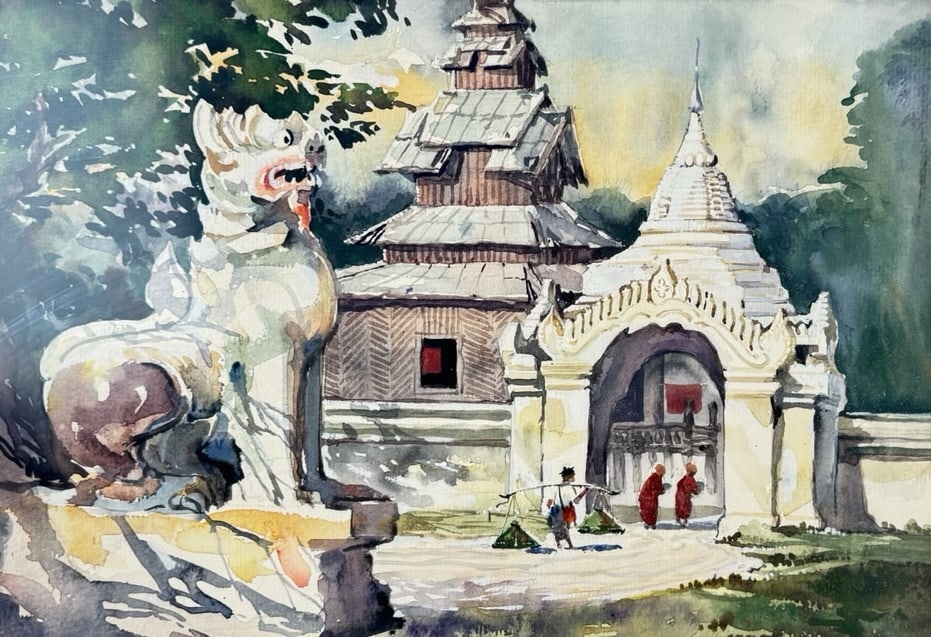 Vintage 1990s Watercolor Painting of a Southeast Asian Temple: Beautiful use of color and light depicting the peaceful scene of people entering a temple. Very good vintage condition; framed.