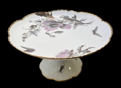 19th Century Limoges Hibiscus swan pastel gilded tazza