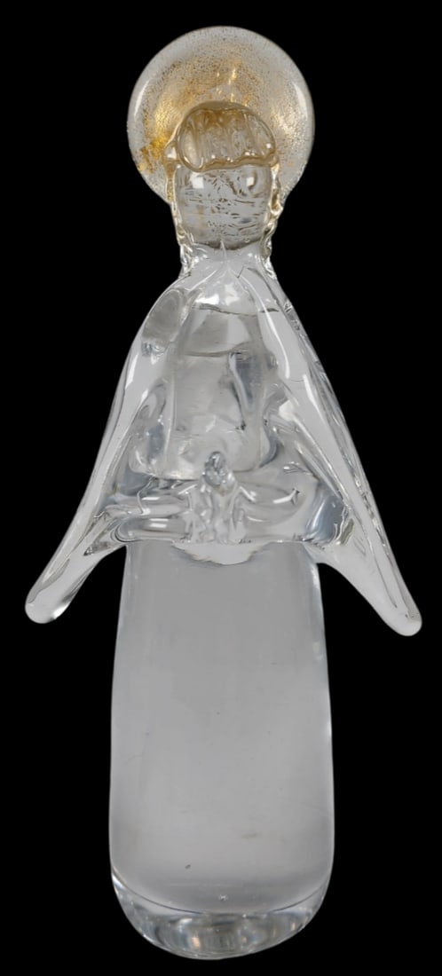 Vintage MURANO Mouthblown Crystal & Gold Flake Angel Figurine: Beautiful piece. Very good vintage condition; no chips, cracks or repairs. Measures approx. 8 1/2" high x 3 1/2" wide x 3 1/2" deep.