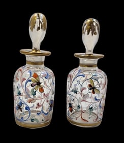 Pair of Rare 1880s European Mouthblown Glass & Hand Painted Gold & Enamel Perfume Bottles /w Insects