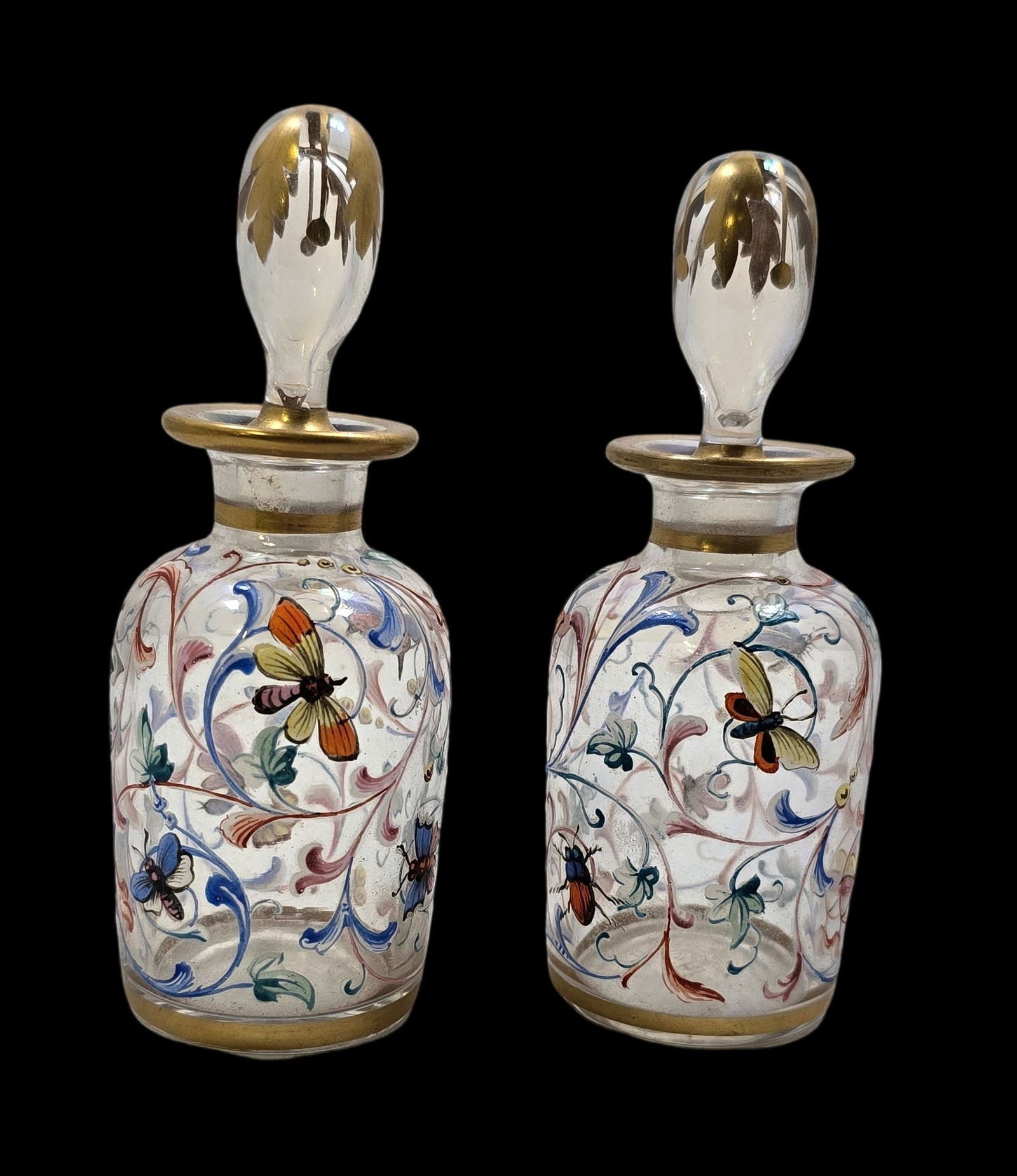 Pair of Rare 1880s European Mouthblown Glass & Hand Painted Gold & Enamel Perfume Bottles /w Insects (1 of 6)