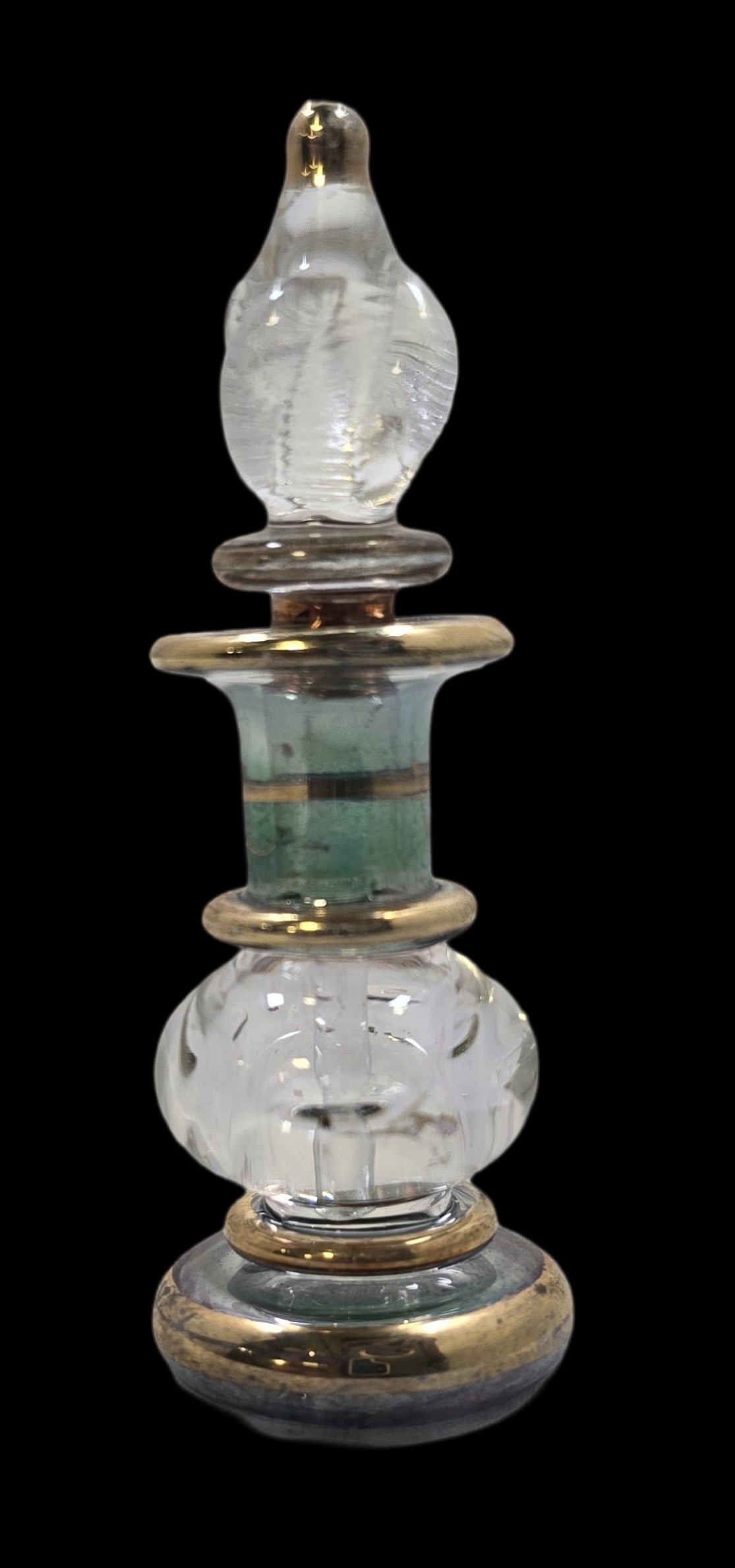 Vintage Egyptian Clear, Green and Gold Art Glass Miniature Perfume Bottle: Very good vintage condition; no chips, cracks, or repairs. Measures approx. 2 1/2" high.