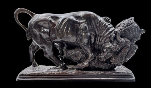 Vintage Bronze Sculpture "Bear & Bull" after ISIDORE JULES BONHEUR (1827-1901) on Green Marble Base